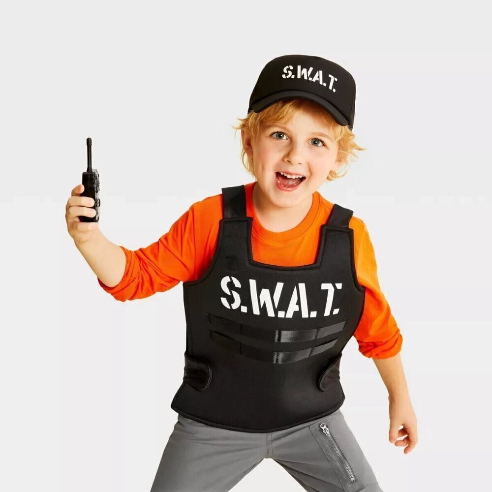 NEW SWAT Officer Halloween Costume Child Boys OSFM (Approx Small/Med) Vest Hat